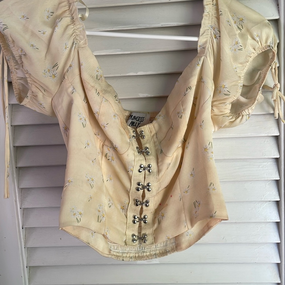 Princess Polly Yellow Daisy Print tie sleeve bustier style blouse